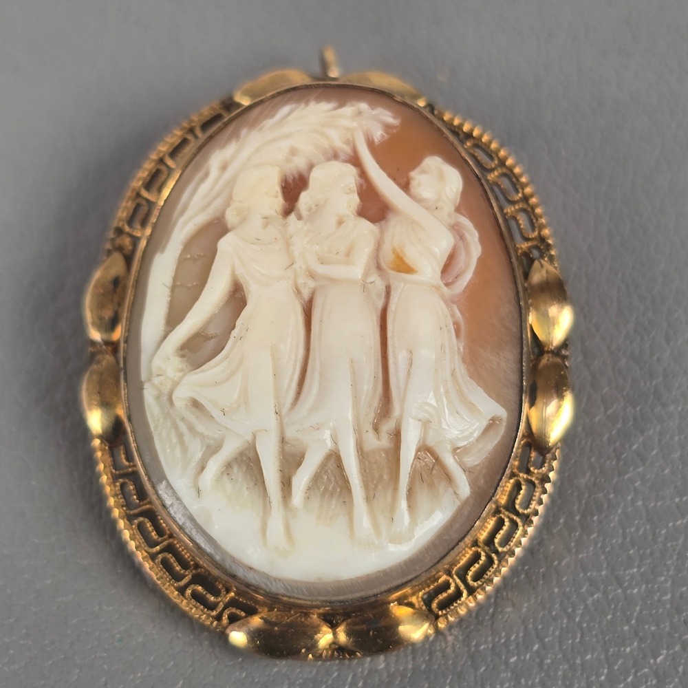Vintage 12k Gold Filled Three Graces Shell Lady Cameo Scene Brooch Pendant Pin